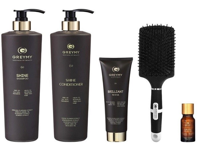 Greymy Набор для волос «Гладкость и Сиянияе»: Шампунь, Кондиционер 2x800 мл, Маска для блеска 200 мл, Масло арганы 10 мл, Массажная щетка 
