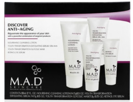 M.A.D Skincare Anti Aging Discover Kit Дорожный набор для омоложения кожи: Освежающий лосьон 60 мл+Омолаживающая сыворотка с 10% AHA 14,7мл+Гликолевая маска 14,7мл+Сыворотка для глаз с ретинолом 7,3мл