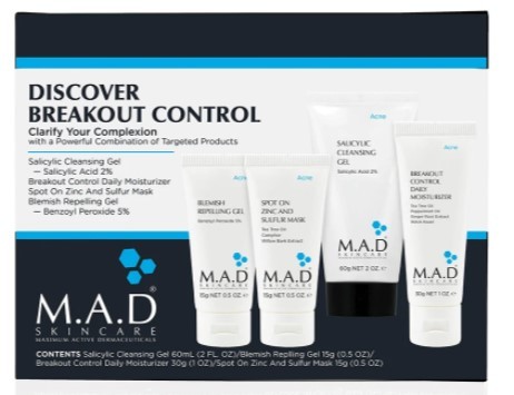 M.A.D Scincare Acne Discovery Kit Дорожный набор для жирной, комбинированной и кожи с Акне: гель очищающий 60мл+ маска от покраснений 14,7мл, гель защищающий 14,7мл+ крем 28,4гр